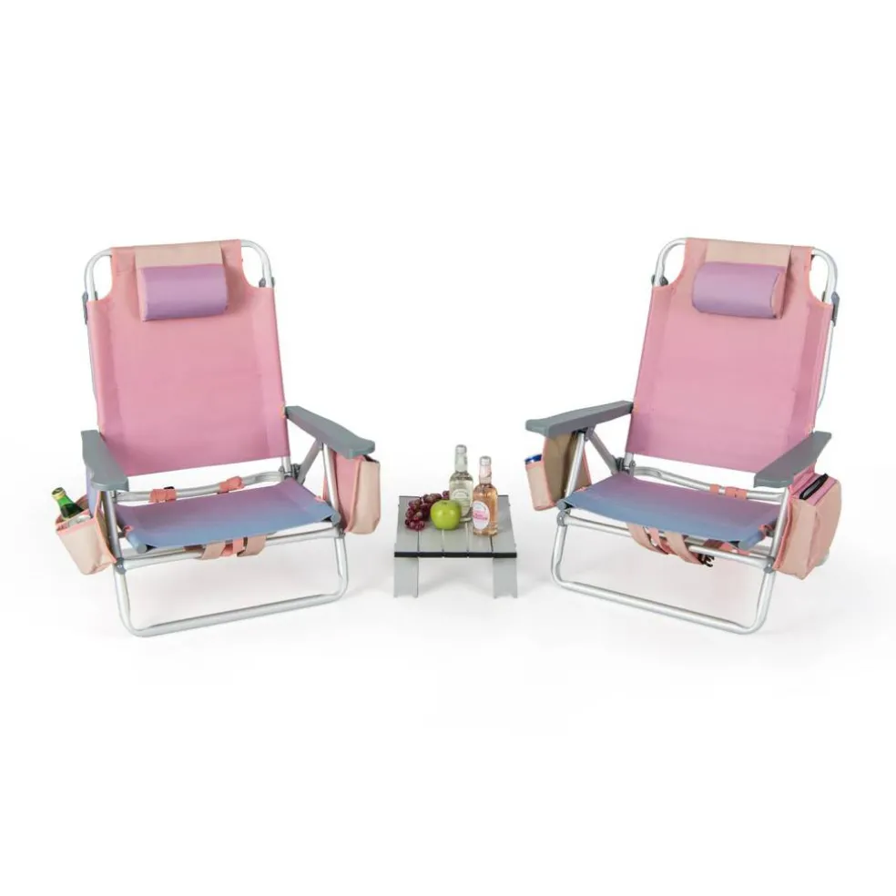 2 Packs 5-Position Recliner Folding Beach Chair Set with Table and Cup Holders Storage Bag