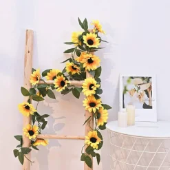 2 Pack Summer Artificial Sunflower Garlands – Bright Yellow Floral Vines with Butterflies & Green Leaves for Summer Wedding, Party, and Outdoor Decor