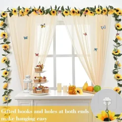 2 Pack Summer Artificial Sunflower Garlands – Bright Yellow Floral Vines with Butterflies & Green Leaves for Summer Wedding, Party, and Outdoor Decor