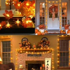 2 Pack Thanksgiving Decorations Maple Leaf Pumpkin Lights, Total 20Ft 40 LED Battery Operated 3D Pumpkin Fall Leaves Garland String Light for Home Mantel Porch Indoor Outdoor Halloween Fall Decor