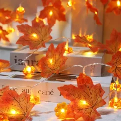 2 Pack Thanksgiving Decorations Maple Leaf Pumpkin Lights, Total 20Ft 40 LED Battery Operated 3D Pumpkin Fall Leaves Garland String Light for Home Mantel Porch Indoor Outdoor Halloween Fall Decor