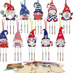 10 Pack 4th of July DIY Wind Chime Craft Kit – 250th Anniversary Patriotic Wooden Coloring Ornaments Set with Beads, Tubes & Ropes for Independence Day Party, Classroom Arts & Crafts Activity