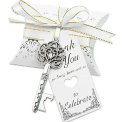 50 Pack Vintage Skeleton Key Bottle Openers Wedding Favors Souvenir Gift Set for Guests Pillow Candy Box Escort Thank You Card French Ribbon