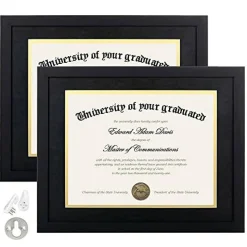 2 Pack 11x14 Diploma Frame - Certificate, Degree, Document Frame with High Definition Glass, Fits 8.5 x 11 with Black Double Mat for Wall and Tabletop Display