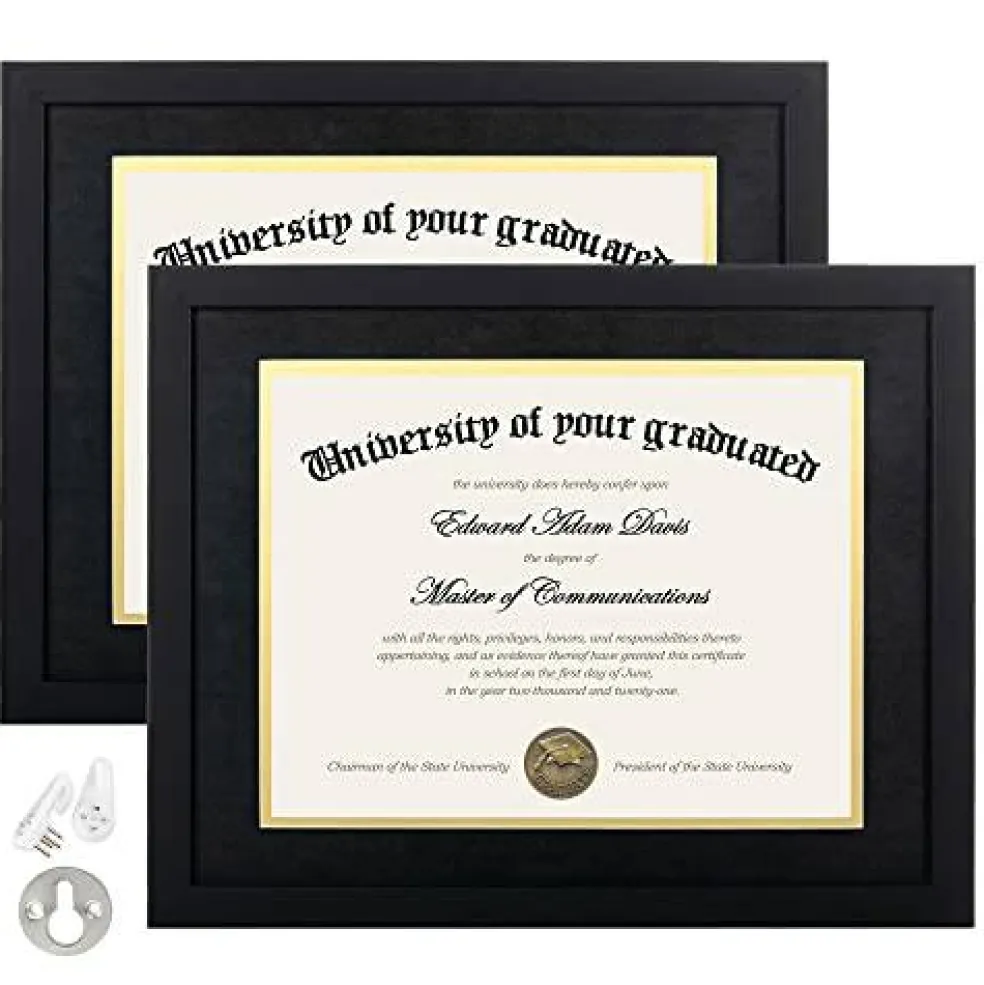 2 Pack 11x14 Diploma Frame - Certificate, Degree, Document Frame with High Definition Glass, Fits 8.5 x 11 with Black Double Mat for Wall and Tabletop Display