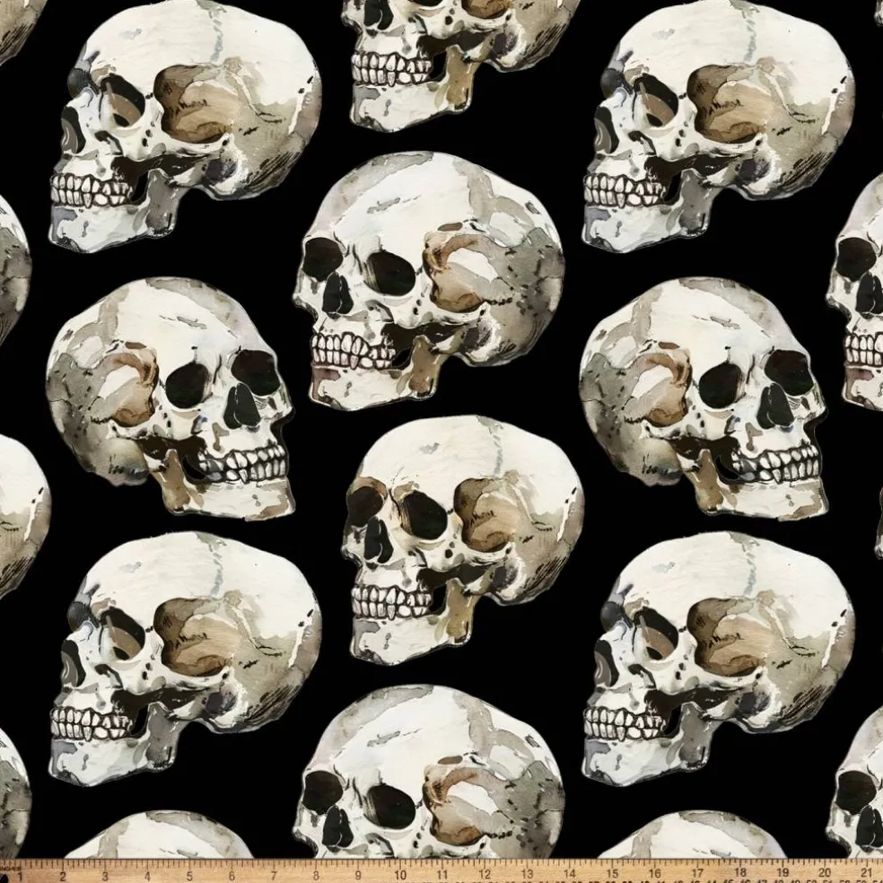 Painted Skulls Black Silky Premium Fleece Fabric | By the Yard