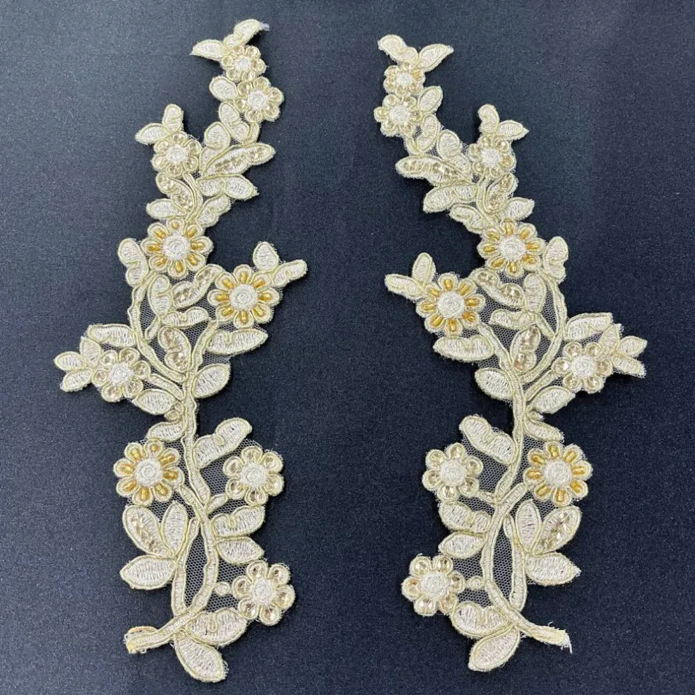1 Pair Beaded & Corded Floral Lace Applique Embroidered on 100% Polyester Mesh 10" x 3" Each Side