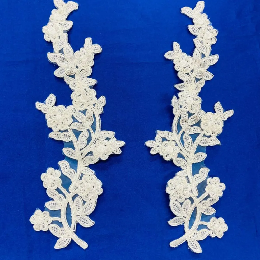 1 Pair Beaded & Corded Floral Lace Applique Embroidered on 100% Polyester Mesh 10" x 3" Each Side