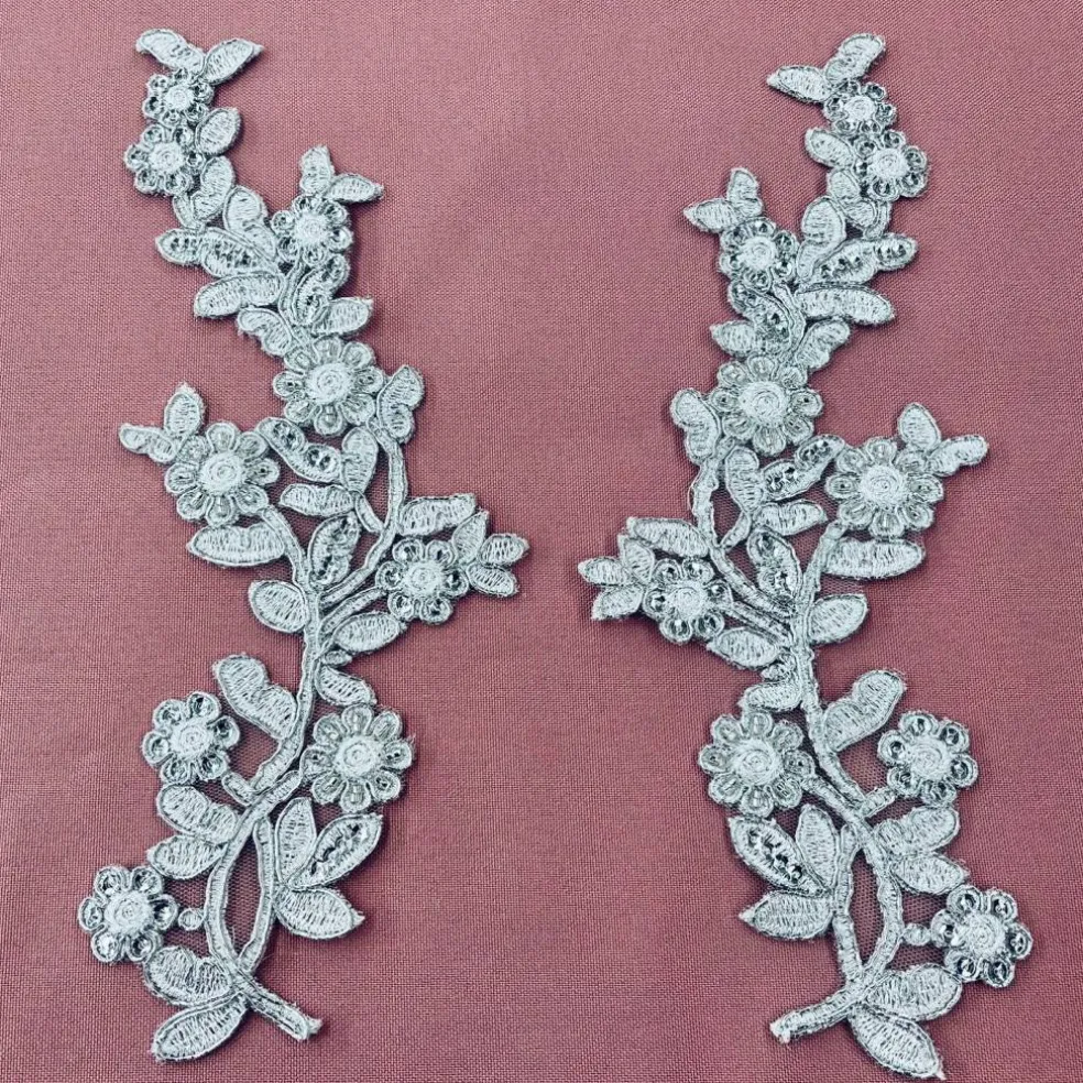 1 Pair Beaded & Corded Floral Lace Applique Embroidered on 100% Polyester Mesh 10" x 3" Each Side