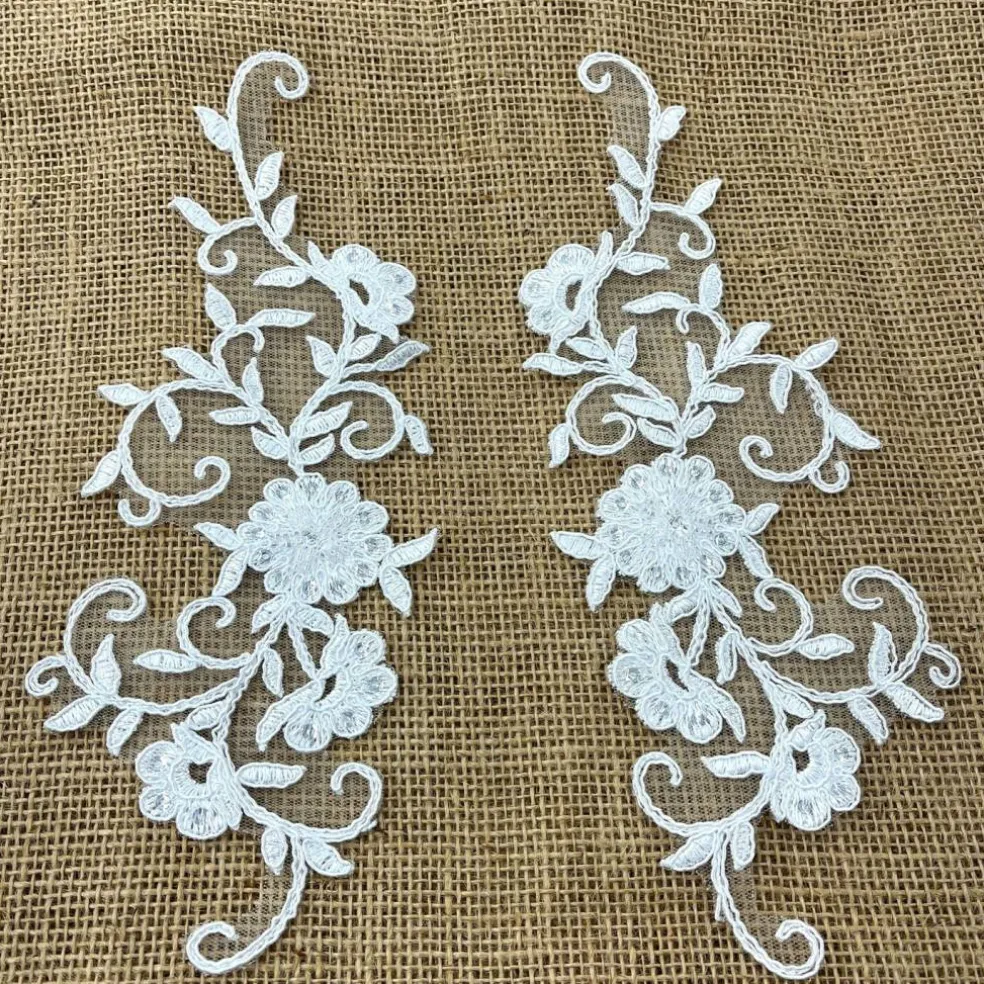 1 Pair Beaded & Corded Floral Lace Applique Embroidered on 100% Polyester 9.5" x 2" Each Side