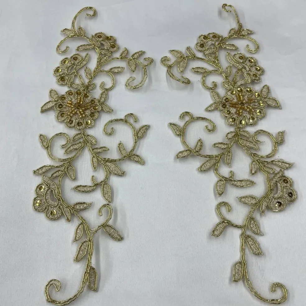 1 Pair Beaded & Corded Floral Lace Applique Embroidered on 100% Polyester 9.5" x 2" Each Side