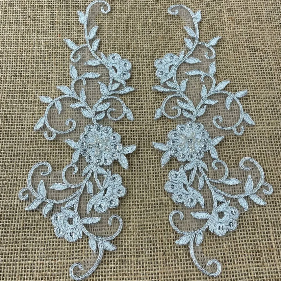 1 Pair Beaded & Corded Floral Lace Applique Embroidered on 100% Polyester 9.5" x 2" Each Side