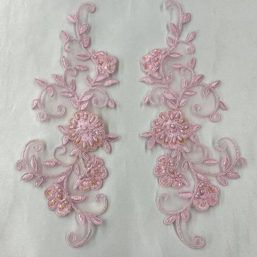 1 Pair Beaded & Corded Floral Lace Applique Embroidered on 100% Polyester 9.5" x 2" Each Side