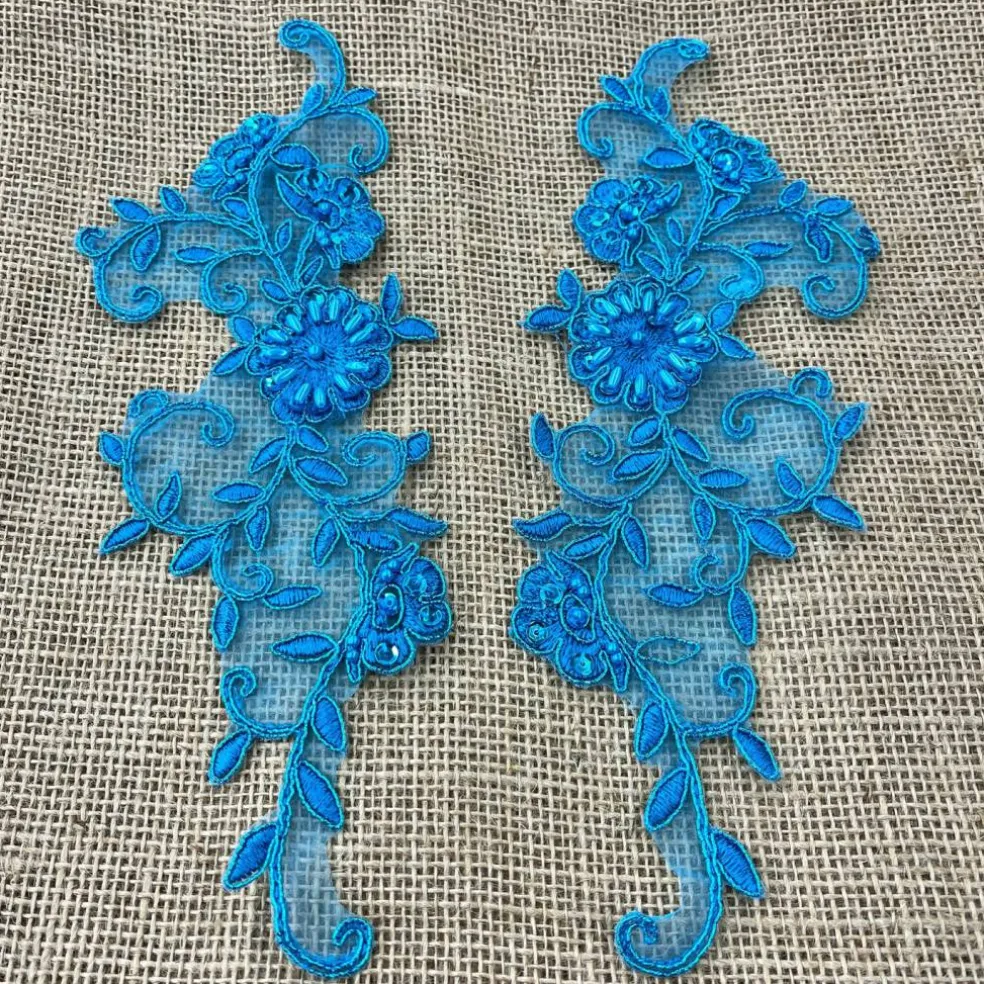 1 Pair Beaded & Corded Floral Lace Applique Embroidered on 100% Polyester 9.5" x 2" Each Side