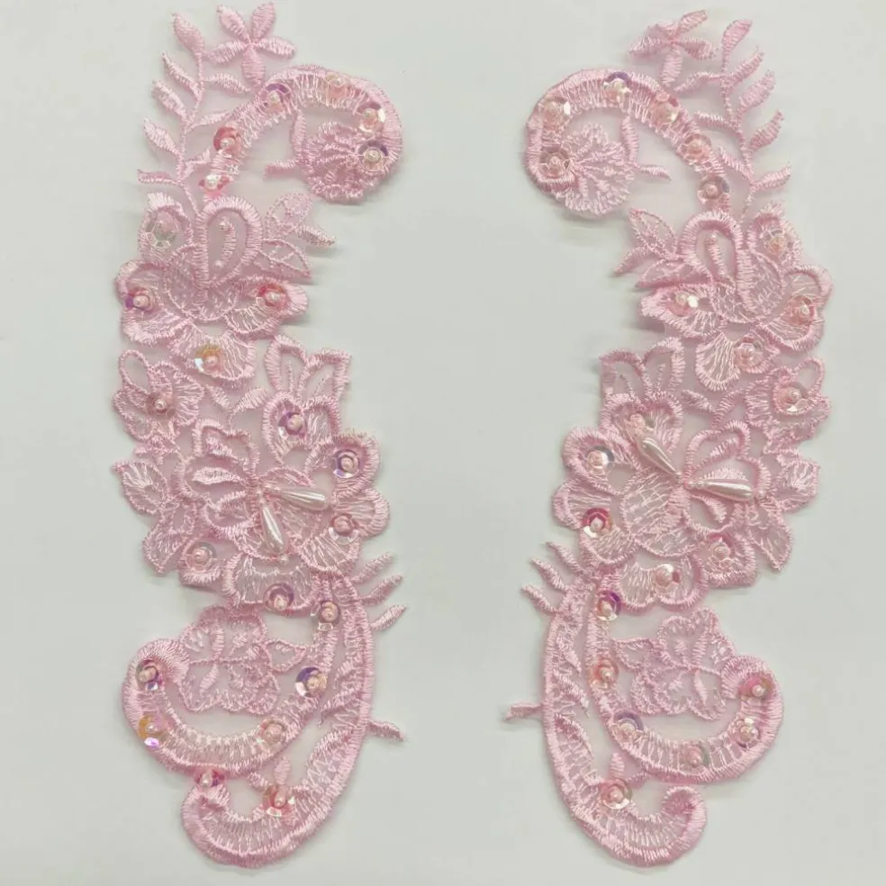 1 Pair Beaded Lace Applique Embroidered on 100% Polyester Organza 9" x 3" Each Side