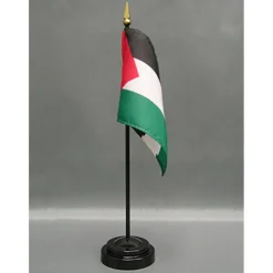 Palestine Desk Flag with Base; American Made Rayon 4x6 inch Miniature Table Set Includes One Small Mini Country Stick Flags and One Black Stand