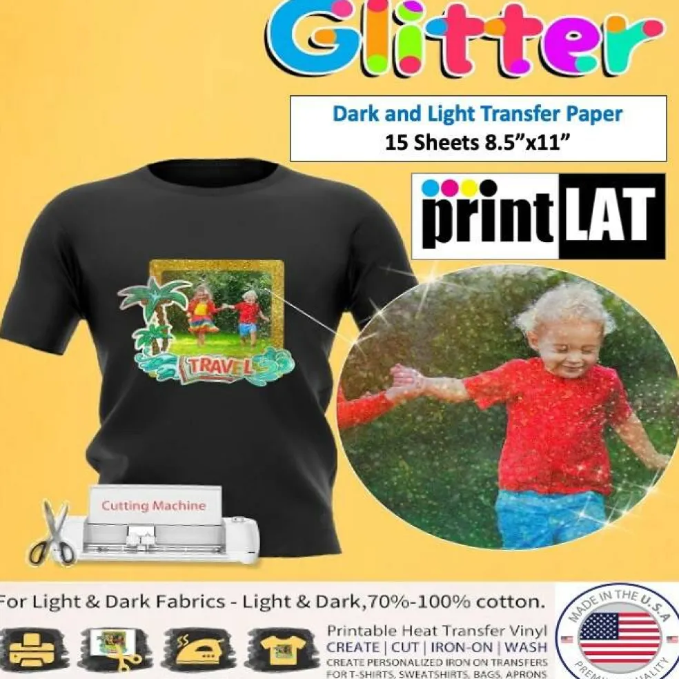 Papel Transfer Ink Jet GLITTER for Dark & Light Fabrics Sheets 8.5"x11"