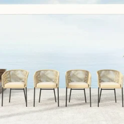 Patio Chair Metal Frame Cushioned Seat Ergonomic Backrest Outdoor Beige