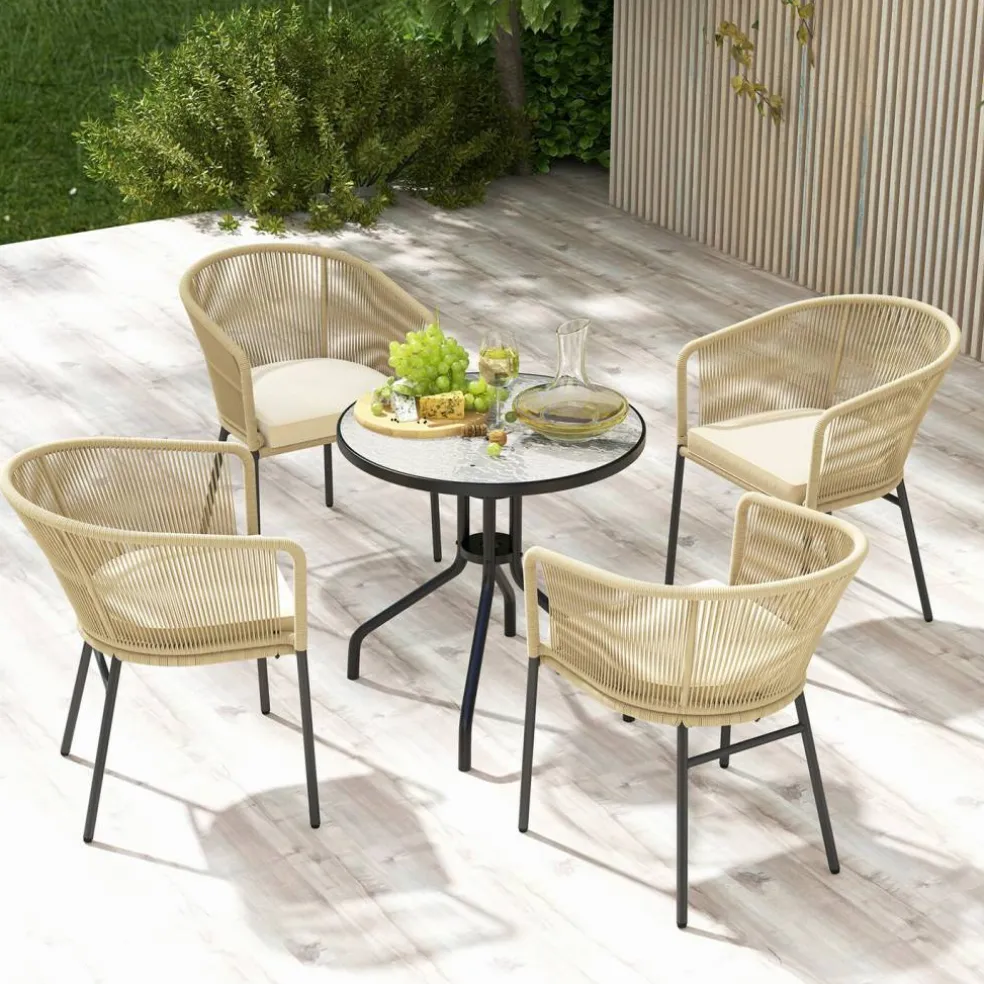 Patio Chair Metal Frame Cushioned Seat Ergonomic Backrest Outdoor Beige