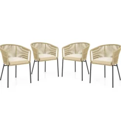 Patio Chair Metal Frame Cushioned Seat Ergonomic Backrest Outdoor Beige