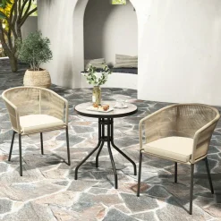 Patio Chair Metal Frame Cushioned Seat Ergonomic Backrest Outdoor Beige