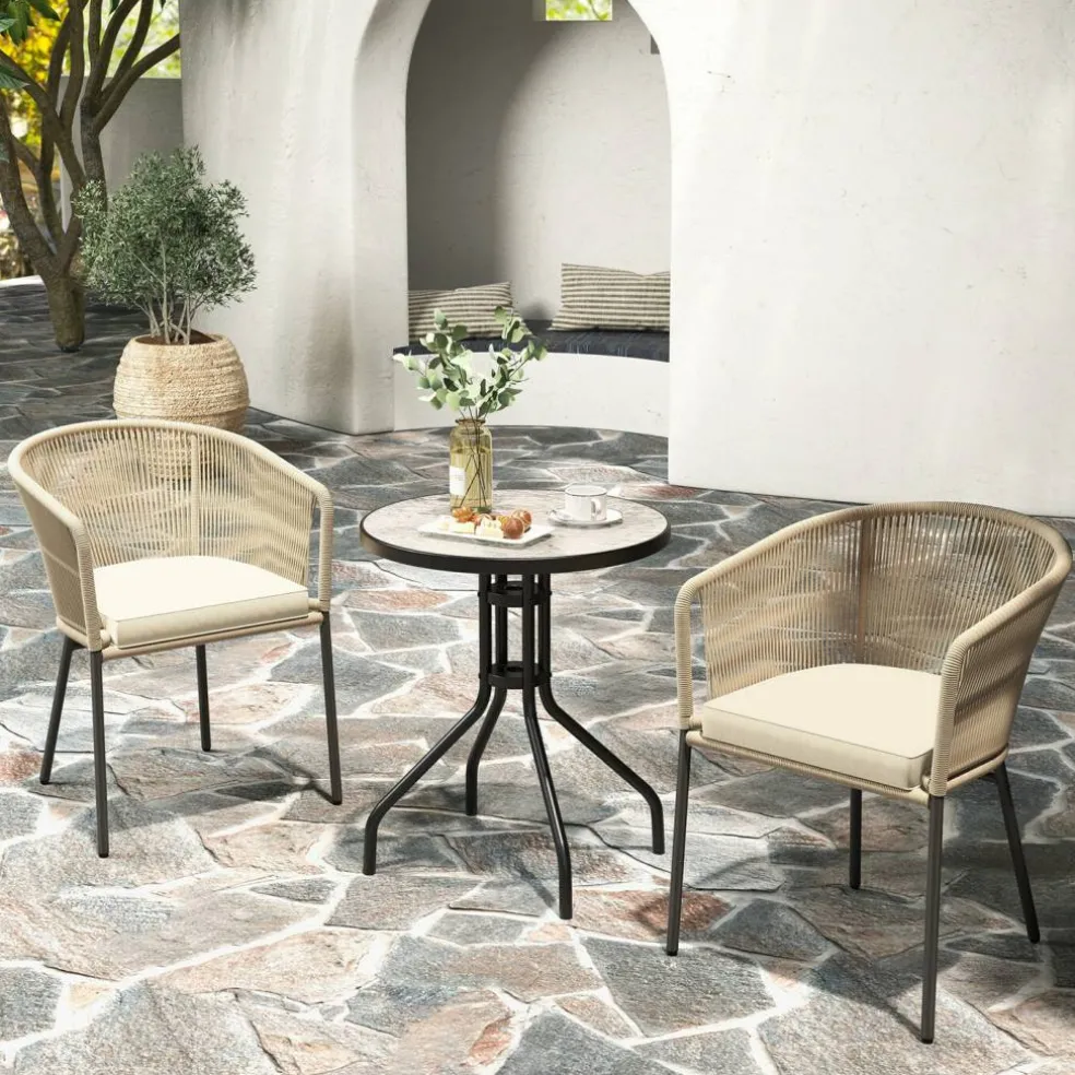 Patio Chair Metal Frame Cushioned Seat Ergonomic Backrest Outdoor Beige