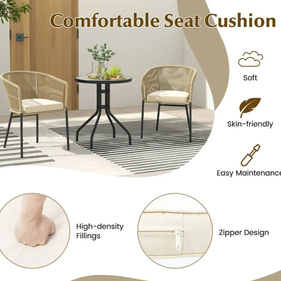 Patio Chair Metal Frame Cushioned Seat Ergonomic Backrest Outdoor Beige