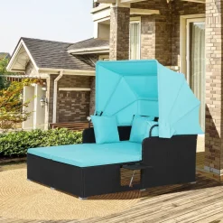 Patio Daybed PE Rattan Canopy Sofa Cushioned Outdoor Furniture