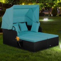 Patio Daybed PE Rattan Canopy Sofa Cushioned Outdoor Furniture