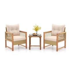 Patio Furniture Set 3 Piece Rattan Chairs Acacia Wood Cushions Glass Table Light Brown