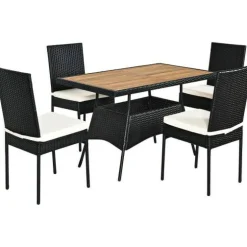 Patio Furniture Set 5-Piece Wicker Chairs Acacia Wood Table Cushions Black White