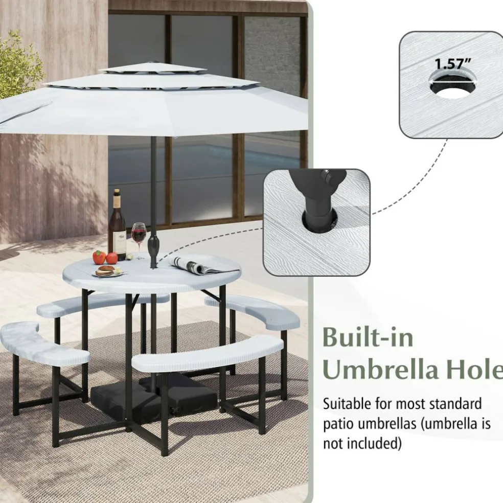 Patio Picnic Table Bench Set with 4 Seats and Umbrella Hole for Outdoor Dining