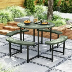 Patio Picnic Table Bench Set with 4 Seats and Umbrella Hole for Outdoor Dining