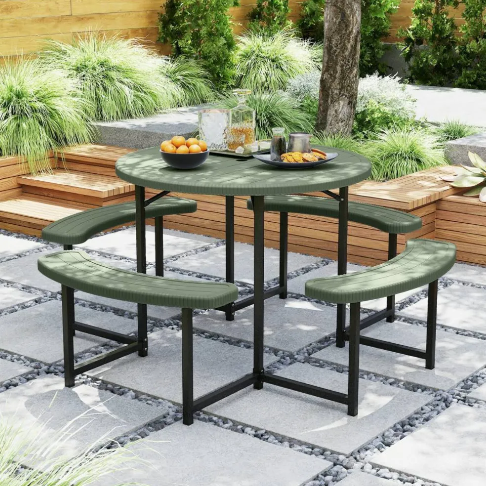 Patio Picnic Table Bench Set with 4 Seats and Umbrella Hole for Outdoor Dining