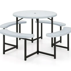 Patio Picnic Table Bench Set with 4 Seats and Umbrella Hole for Outdoor Dining