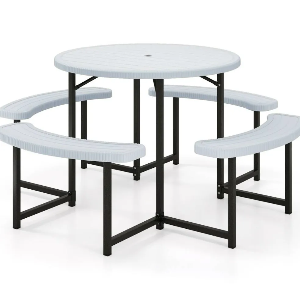 Patio Picnic Table Bench Set with 4 Seats and Umbrella Hole for Outdoor Dining