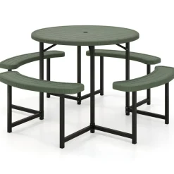 Patio Picnic Table Bench Set with 4 Seats and Umbrella Hole for Outdoor Dining