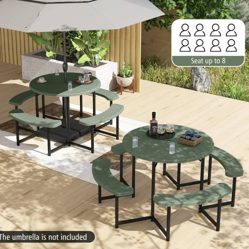 Patio Picnic Table Bench Set with 4 Seats and Umbrella Hole for Outdoor Dining