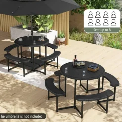Patio Picnic Table Bench Set with 4 Seats and Umbrella Hole for Outdoor Dining