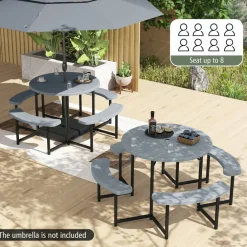 Patio Picnic Table Bench Set with 4 Seats and Umbrella Hole for Outdoor Dining