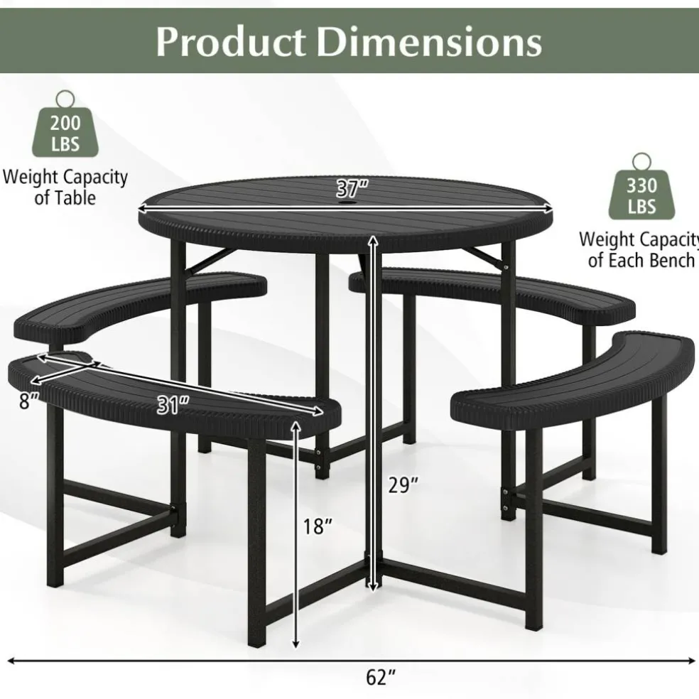 Patio Picnic Table Bench Set with 4 Seats and Umbrella Hole for Outdoor Dining