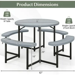 Patio Picnic Table Bench Set with 4 Seats and Umbrella Hole for Outdoor Dining