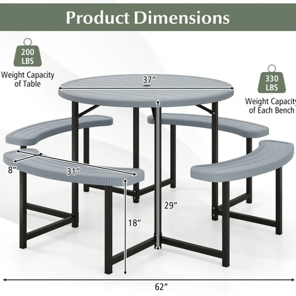 Patio Picnic Table Bench Set with 4 Seats and Umbrella Hole for Outdoor Dining