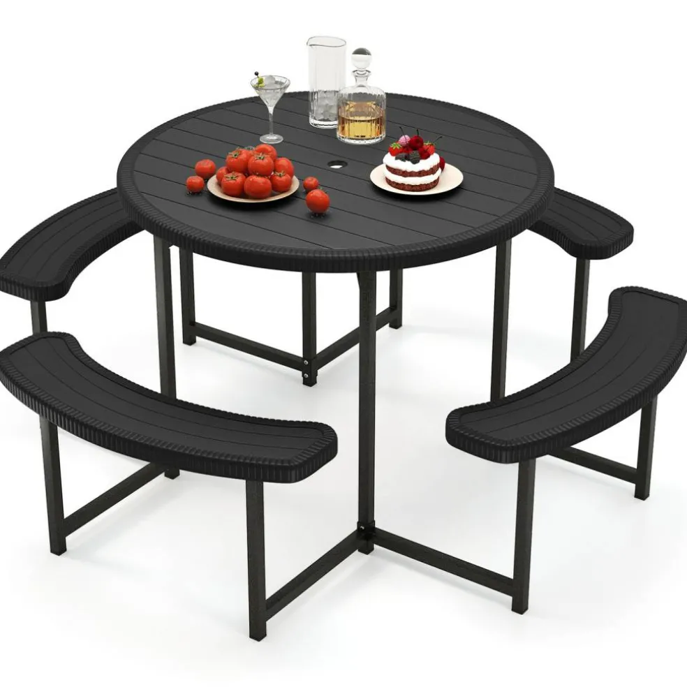 Patio Picnic Table Bench Set with 4 Seats and Umbrella Hole for Outdoor Dining