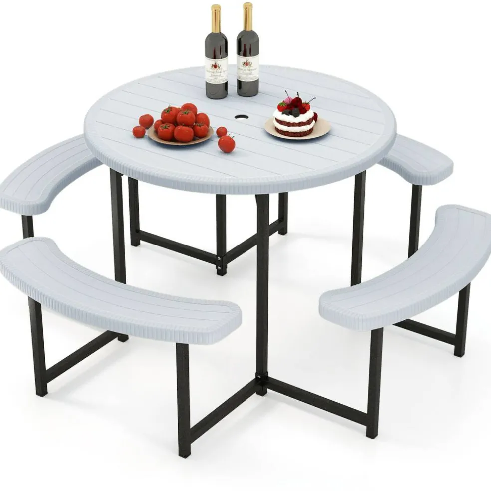 Patio Picnic Table Bench Set with 4 Seats and Umbrella Hole for Outdoor Dining