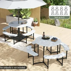 Patio Picnic Table Bench Set with 4 Seats and Umbrella Hole for Outdoor Dining