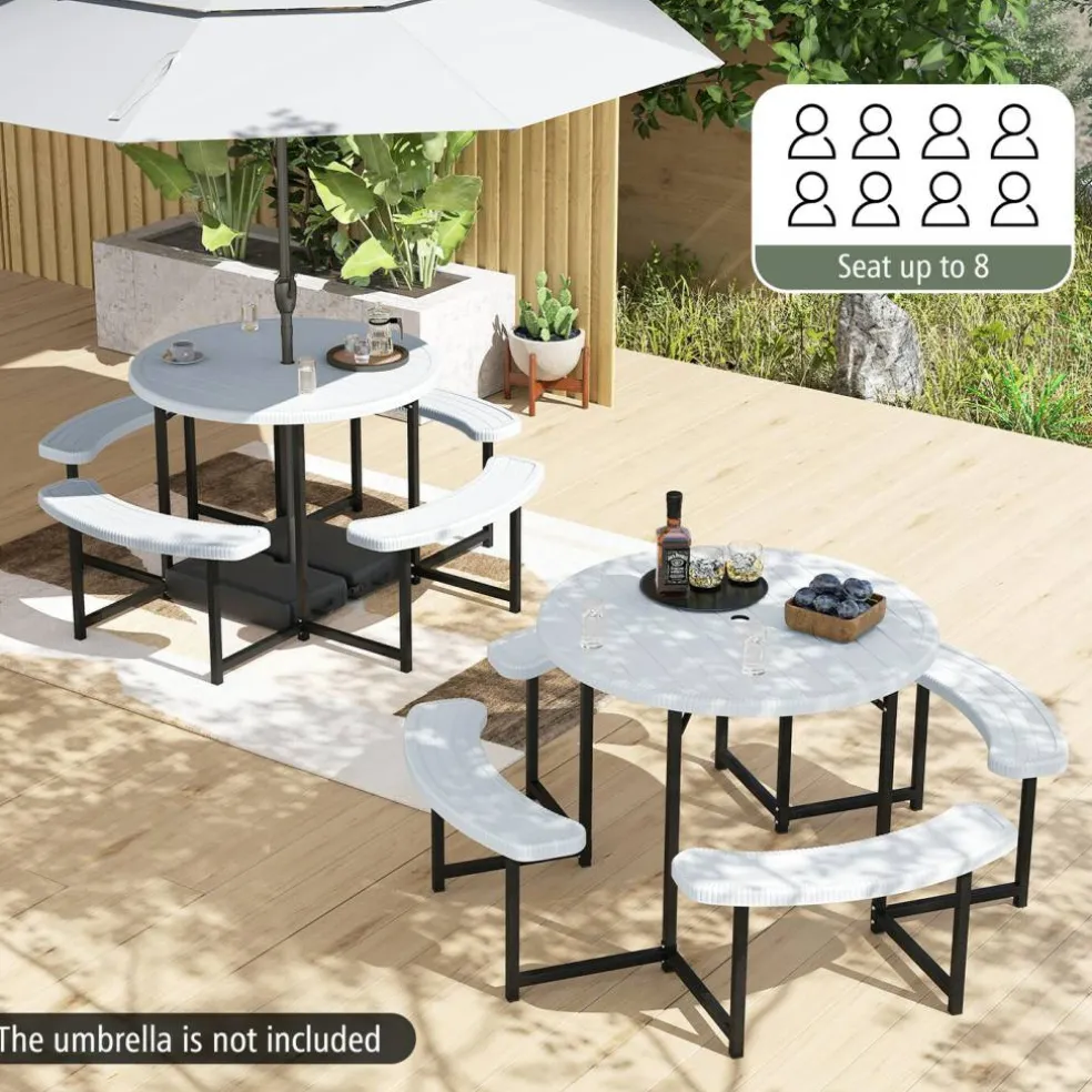 Patio Picnic Table Bench Set with 4 Seats and Umbrella Hole for Outdoor Dining