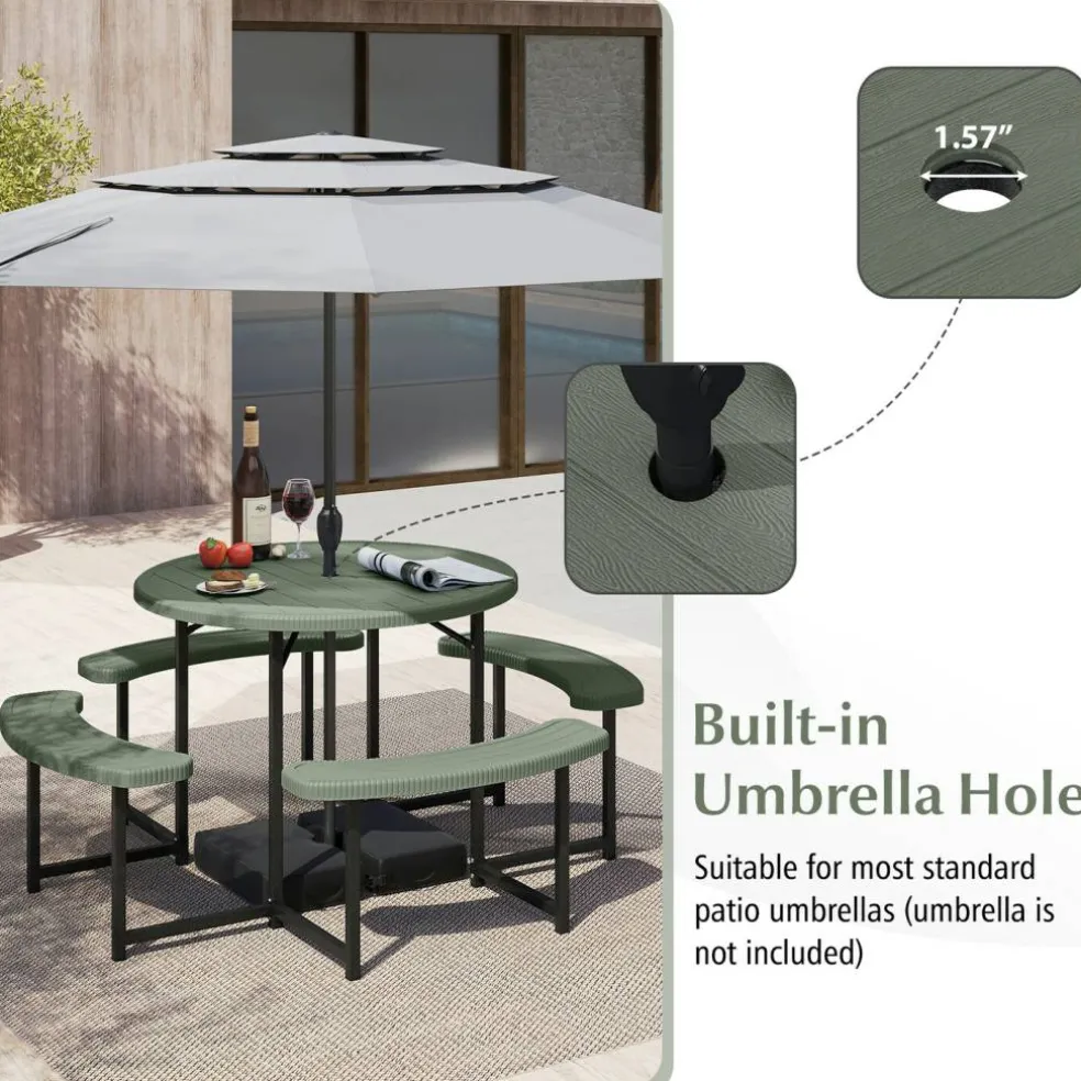 Patio Picnic Table Bench Set with 4 Seats and Umbrella Hole for Outdoor Dining