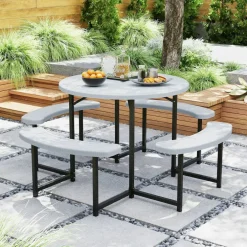 Patio Picnic Table Bench Set with 4 Seats and Umbrella Hole for Outdoor Dining