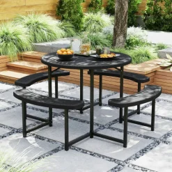 Patio Picnic Table Bench Set with 4 Seats and Umbrella Hole for Outdoor Dining